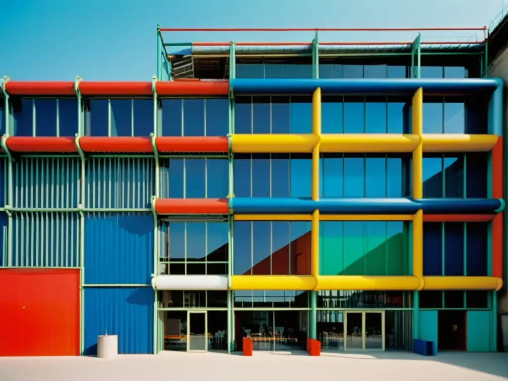 Foto vintage del exterior del Centro Pompidou en París, destacando las técnicas pioneras de deconstructivismo en su innovadora arquitectura