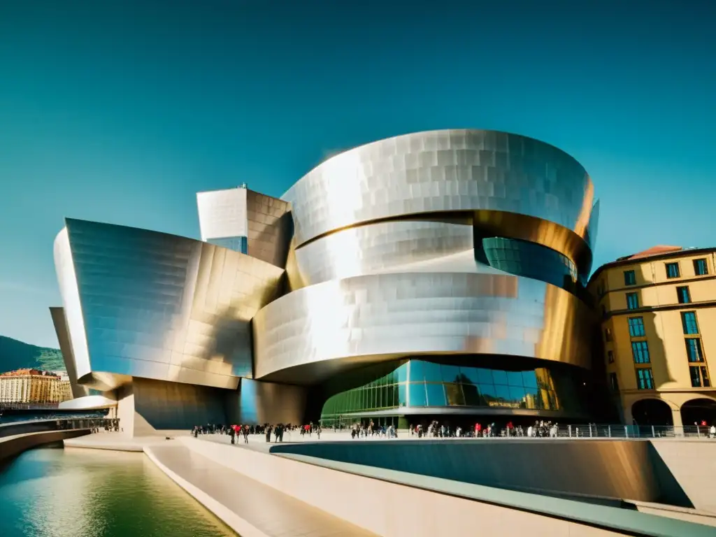 Foto vintage del exterior del Museo Guggenheim Bilbao, destacando la arquitectura deconstructivista