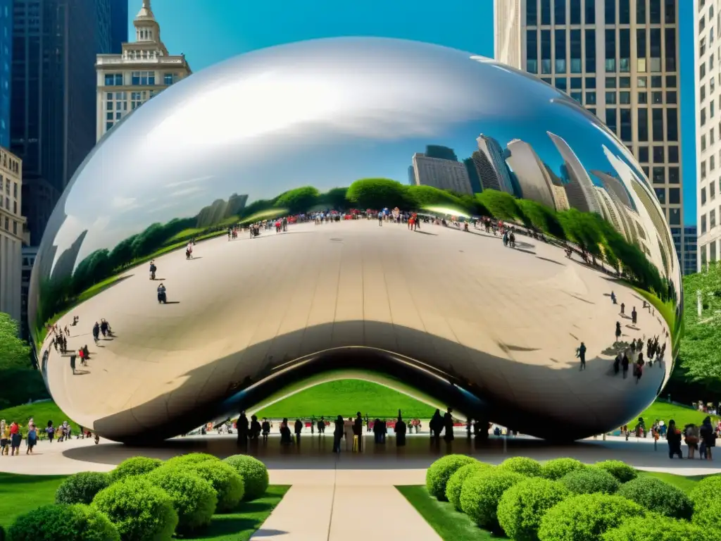 Foto vintage del exuberante Parque Millennium en Chicago, con la escultura Cloud Gate y un ambiente urbano animado, evocando una evaluación sostenible