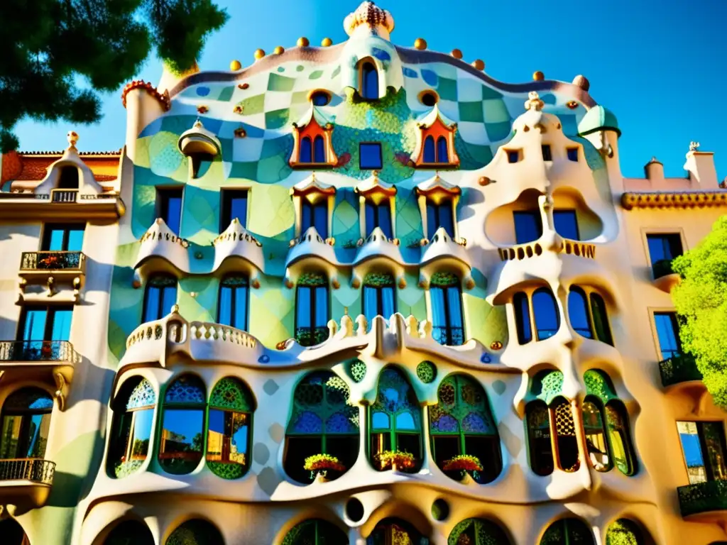 Foto vintage de la icónica Casa Batlló en Barcelona, resaltando su fachada ornamentada y detalles arquitectónicos únicos de Gaudí