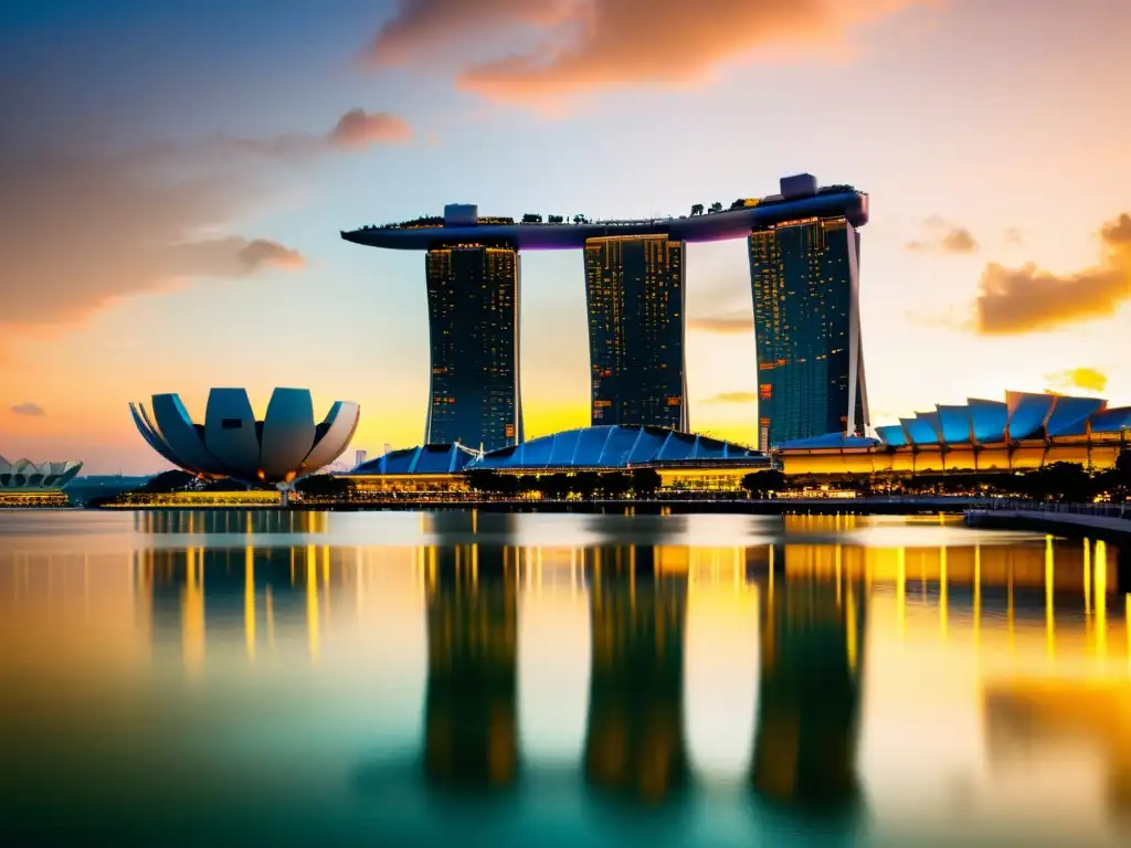 Foto vintage del hotel Marina Bay Sands en Singapur, reflejando su arquitectura moderna icónica en un atardecer vibrante