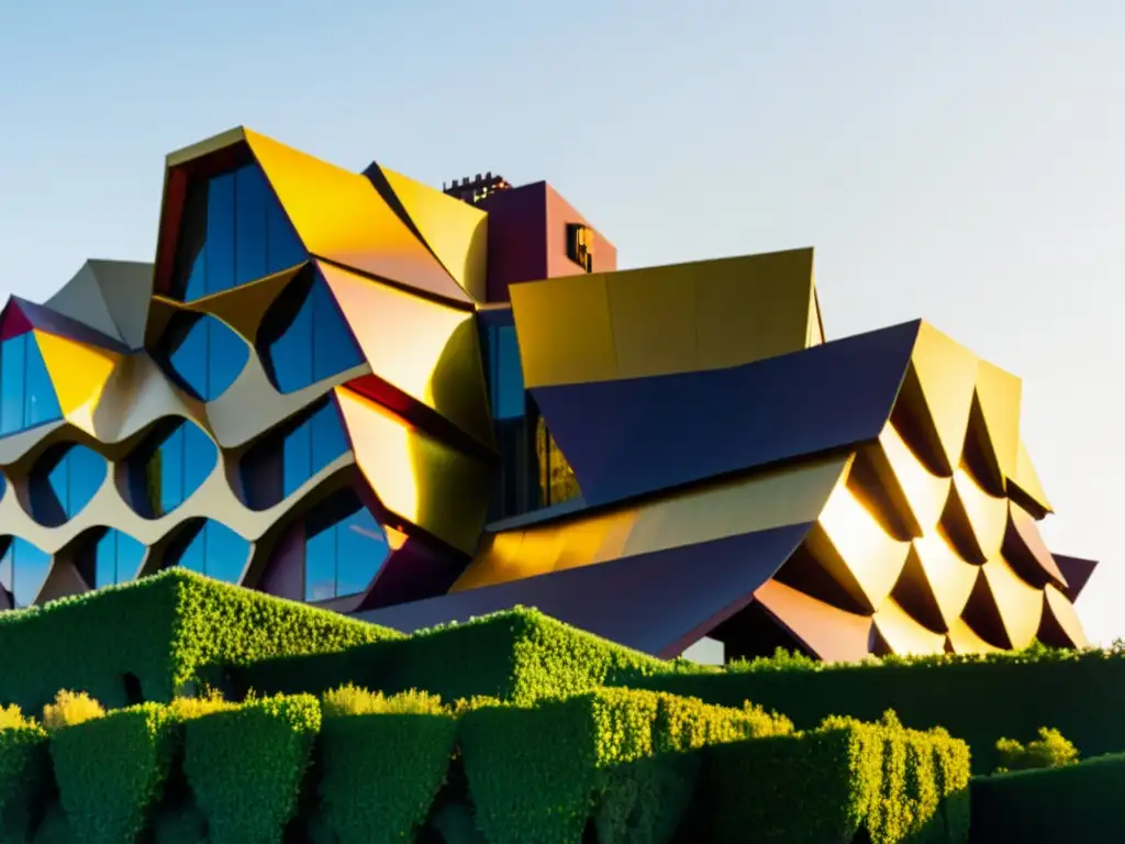 Foto vintage del Hotel Marqués de Riscal, destacando su arquitectura modernista y el paisaje de Rioja al fondo