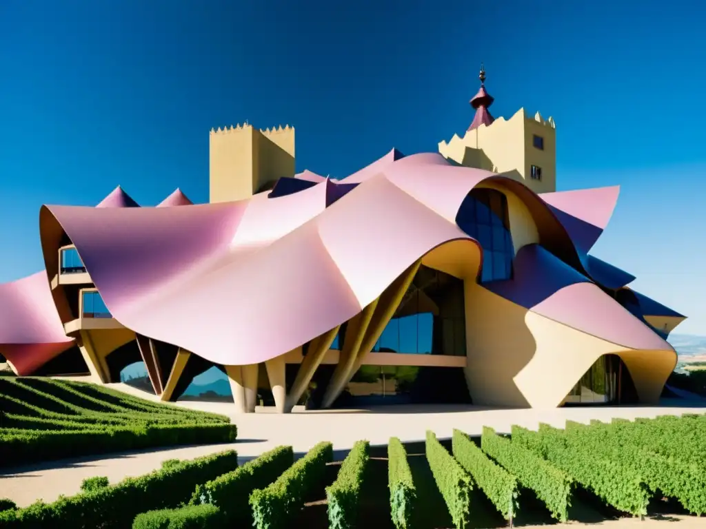 Foto vintage del Hotel Marqués de Riscal con su arquitectura modernista, techo de titanio rosa y paisaje de viñedos en la región de Rioja