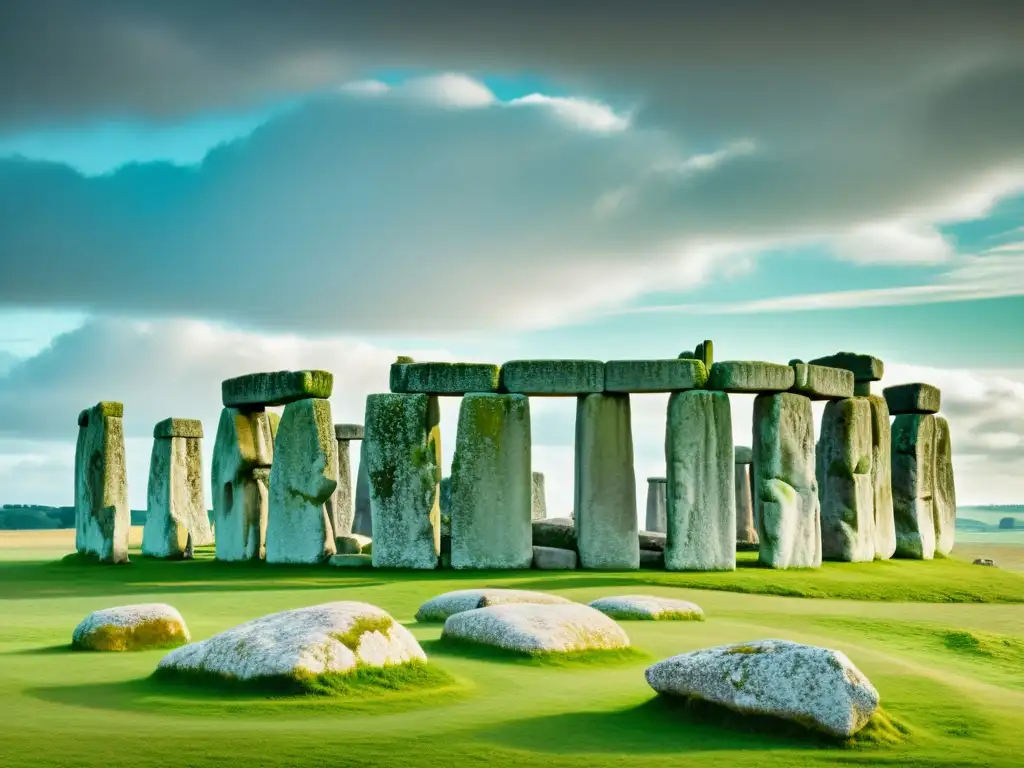 Una foto vintage de alta resolución del icónico monumento de Stonehenge en Inglaterra, con detallados megalitos y un dramático cielo