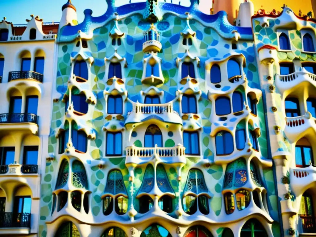 Una foto vintage de la impresionante fachada del Hotel Casa Batlló, capturando los detalles intrincados de la obra maestra arquitectónica de Gaudí