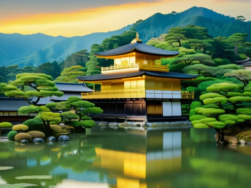 Una foto vintage del impresionante Templo Kinkakuji en Kyoto, Japón, capturada durante el suave atardecer