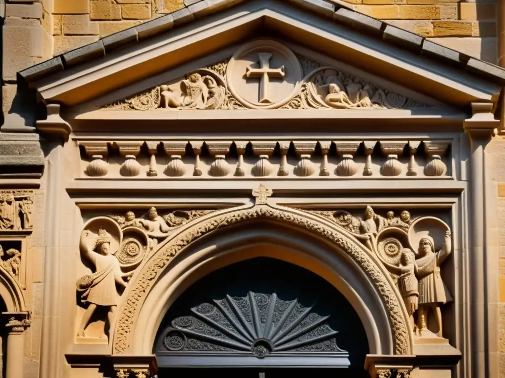 Foto vintage de las intrincadas esculturas simbólicas que decoran la puerta de una iglesia románica