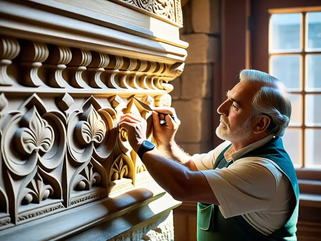 Foto vintage de restauración arquitectónica con integración tecnológica, resaltando la maestría artesanal y la historia en cada detalle