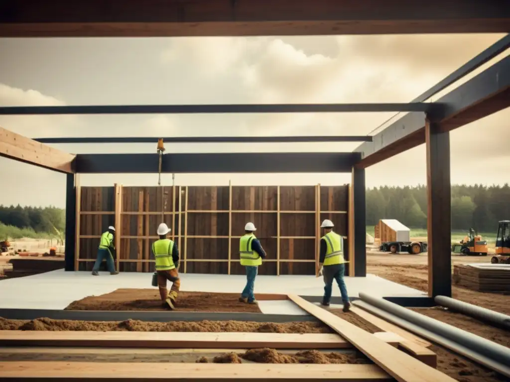 Foto vintage de un sitio de construcción con materiales ecoamigables para construcción sostenible, evocando herencia y sostenibilidad