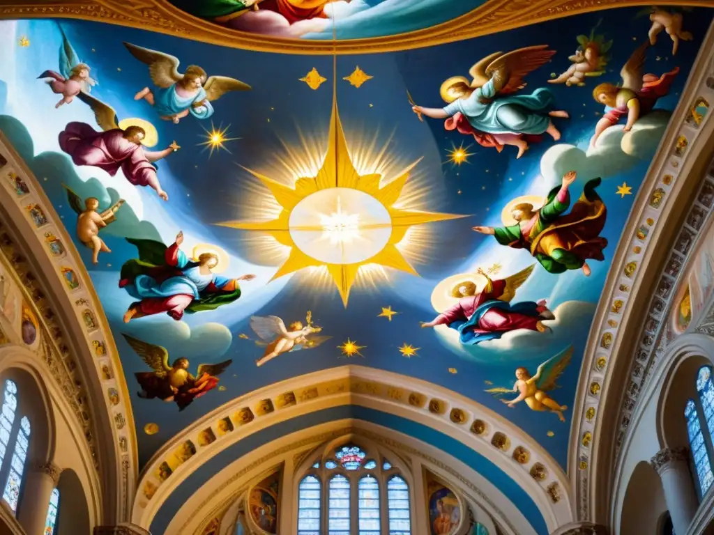 Un fresco renacentista en el techo de una catedral, con escena celestial y colores vibrantes