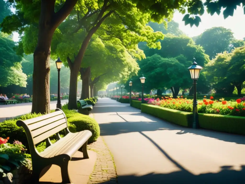 Una fotografía vintage de un frondoso parque urbano con un sendero bordeado de flores vibrantes y árboles majestuosos