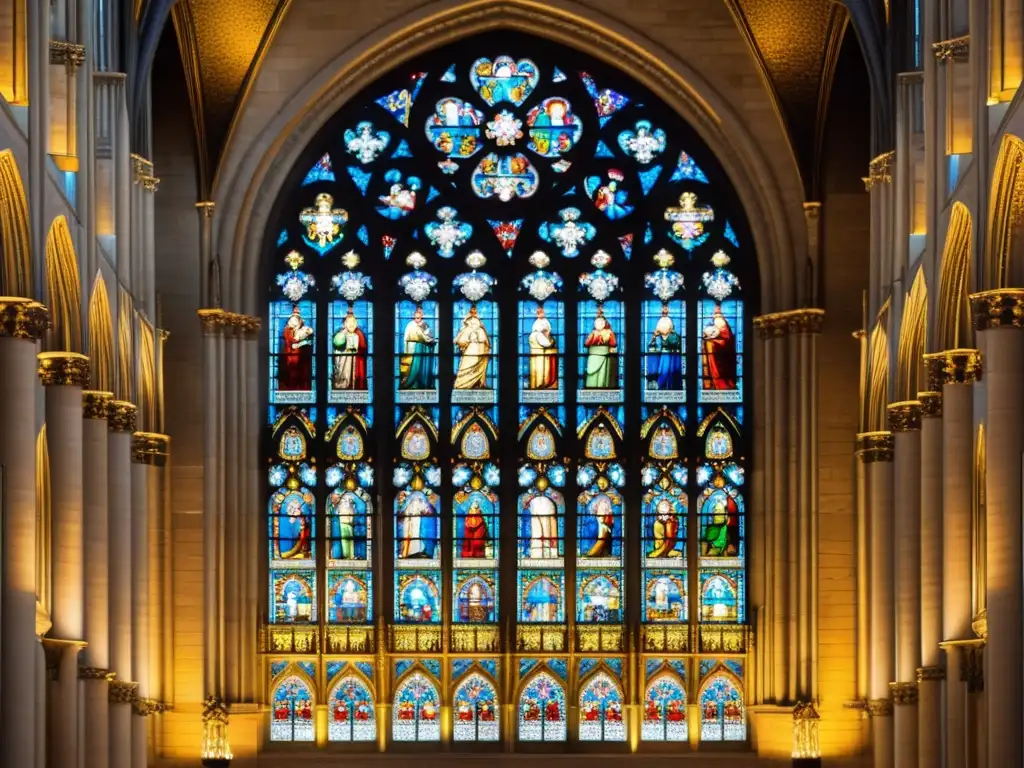 Ingeniería gótica en catedrales: Hermosa vidriera de la Catedral de Notre Dame, iluminada por el sol, mostrando su arte y arquitectura gótica