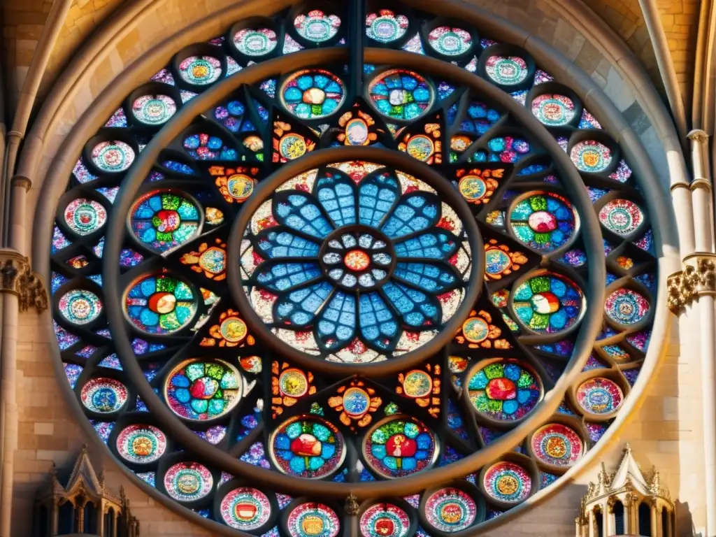 Ventana rosa gótica de Notre Dame, con luz solar que atraviesa vidrieras coloridas, destacando restauraciones arquitectónicas góticas históricas