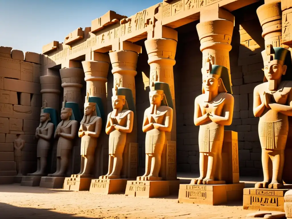 Explora la grandiosidad de la arquitectura religiosa antiguo Egipto en el majestuoso Templo de Karnak, bañado por la cálida luz dorada