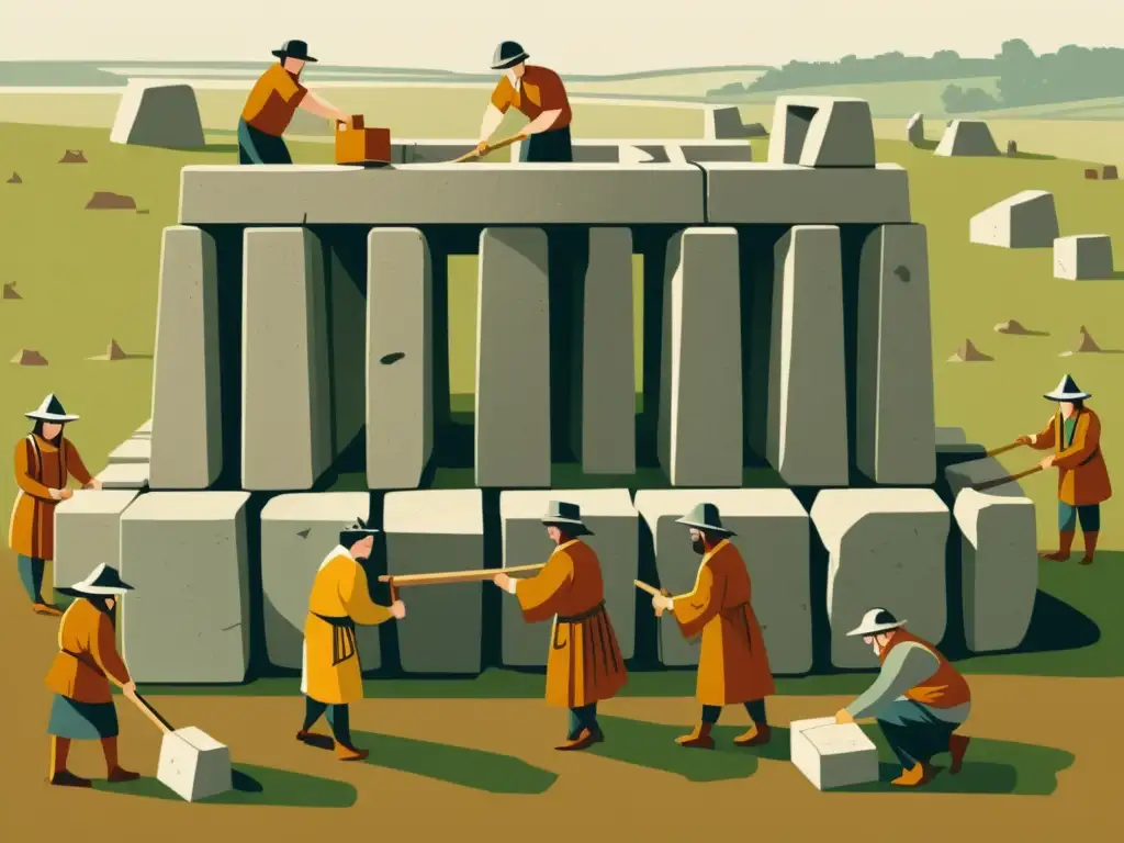 Un grupo de antiguos trabajadores levanta enormes bloques para construir Stonehenge, mostrando métodos de levantamiento de Stonehenge