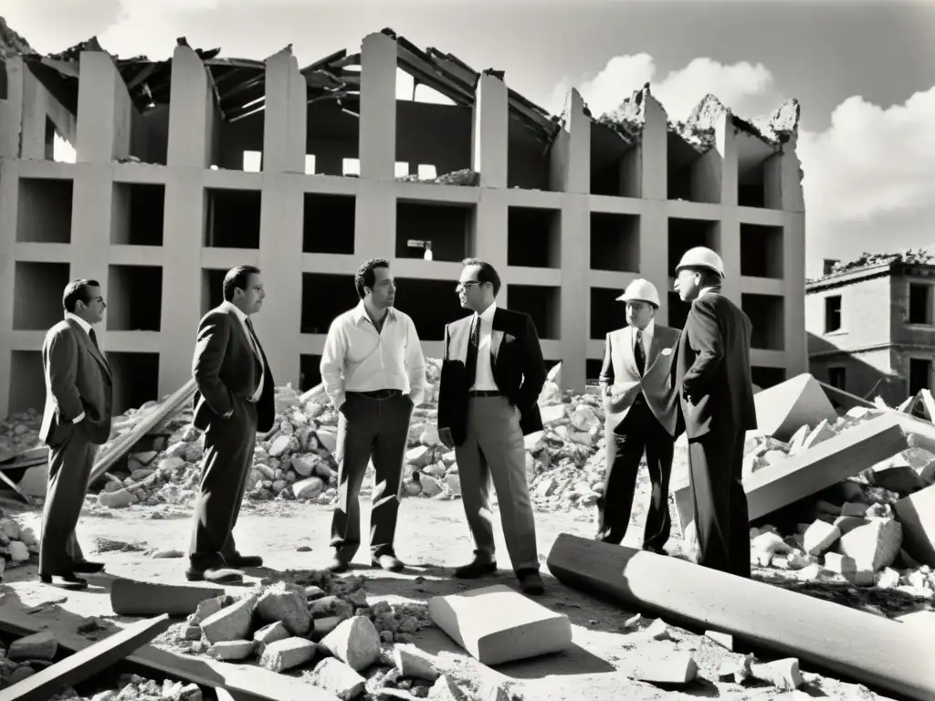 Un grupo de arquitectos y ingenieros examina edificios dañados por terremotos, mostrando determinación en la reconstrucción arquitectónica tras terremotos