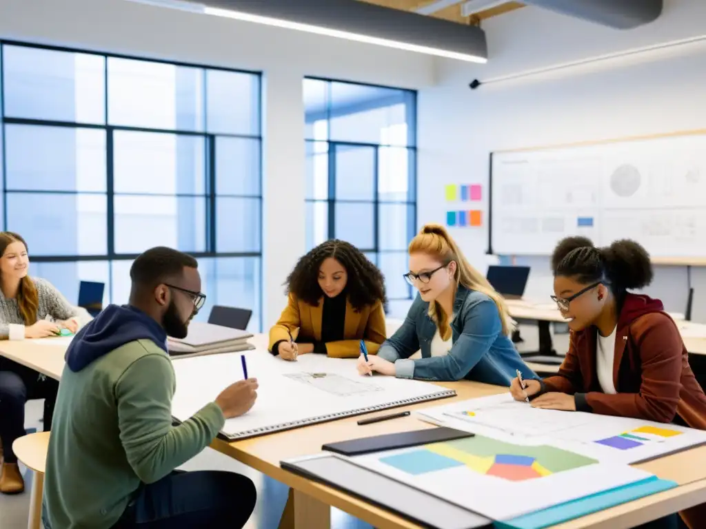 Un grupo diverso de estudiantes de arquitectura colabora en un estudio moderno, reflejando la influencia del género en la arquitectura