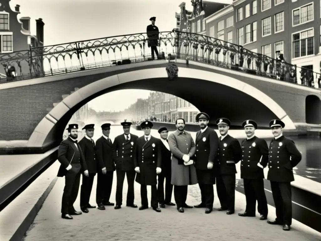 Orgulloso legado: Ingenieros restauran puente histórico en Amsterdam Un grupo de ingenieros y trabajadores posan orgullosos frente a un puente restaurado en Ámsterdam, destacando la ingeniería histórica de la ciudad