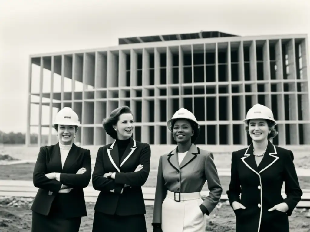 Un grupo de mujeres arquitectas posan orgullosas frente a una moderna construcción, simbolizando el feminismo en la arquitectura moderna