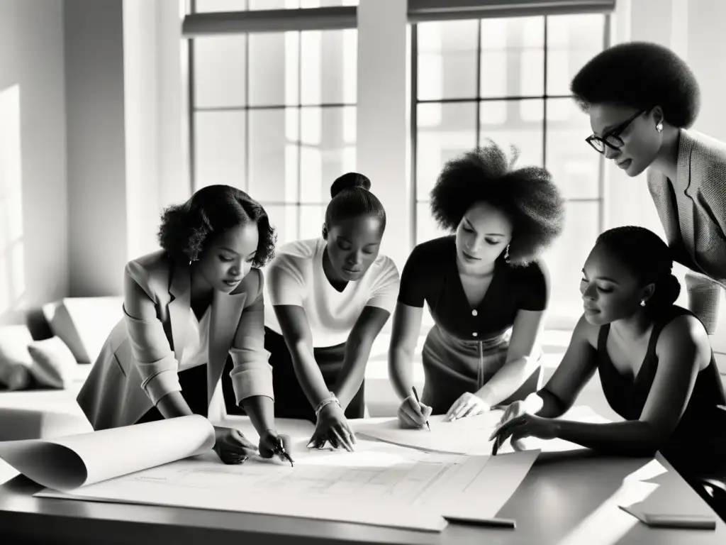 Grupo de mujeres arquitectas discutiendo planos en un estudio iluminado por el sol, mostrando el feminismo en la arquitectura moderna