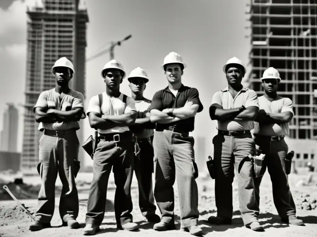 Un grupo de obreros posa frente a un rascacielos en construcción