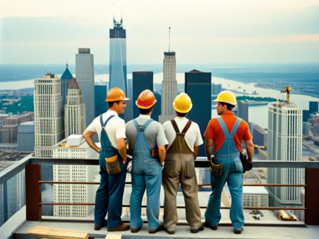 Un grupo de trabajadores de la construcción en la cima de un rascacielos a medio construir, con el horizonte de la ciudad detrás