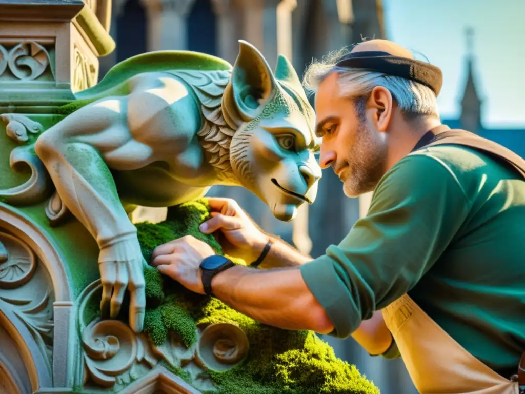 Un hábil artesano restaurando una gárgola en una fachada de piedra de una catedral gótica