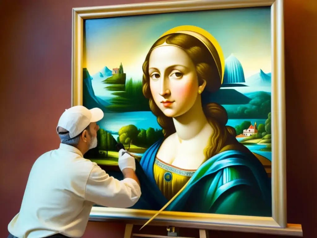 Un hábil artesano restaura con precisión una famosa pintura del Renacimiento, resaltando la dedicación y la preservación de la obra maestra