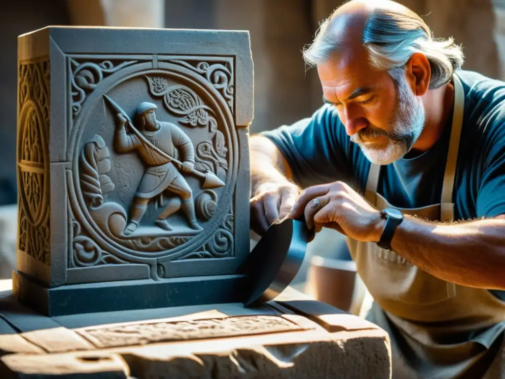 Arte medieval: tallado preciso en piedra Un hábil cantero medieval esculpe detallados diseños en piedra, mostrando la maestría de las técnicas de construcción y materiales medievales