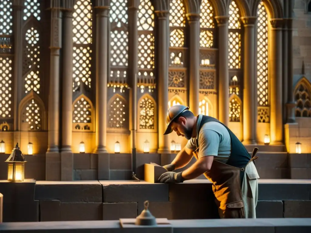 Artesano medieval esculpiendo una catedral con maestría Un hábil cantero medieval talla intrincados diseños en la pared de una catedral, iluminado por la suave luz de las linternas