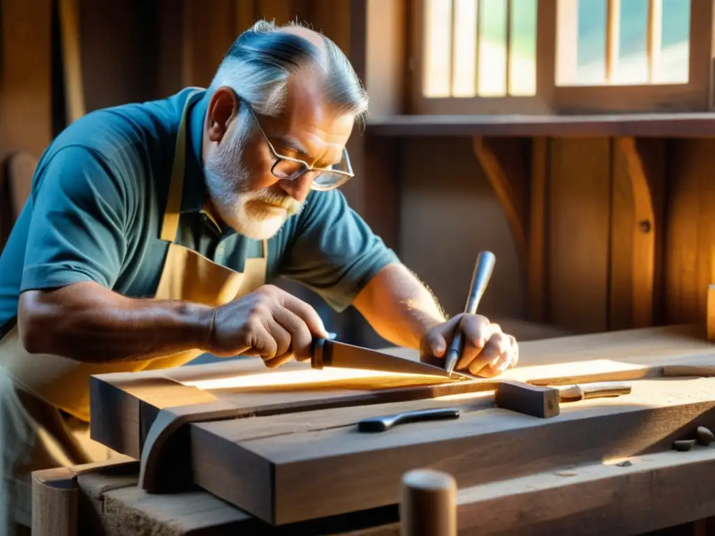 Un hábil carpintero medieval talla diseños en una viga de madera con técnicas ancestrales, en un taller iluminado por una cálida luz dorada