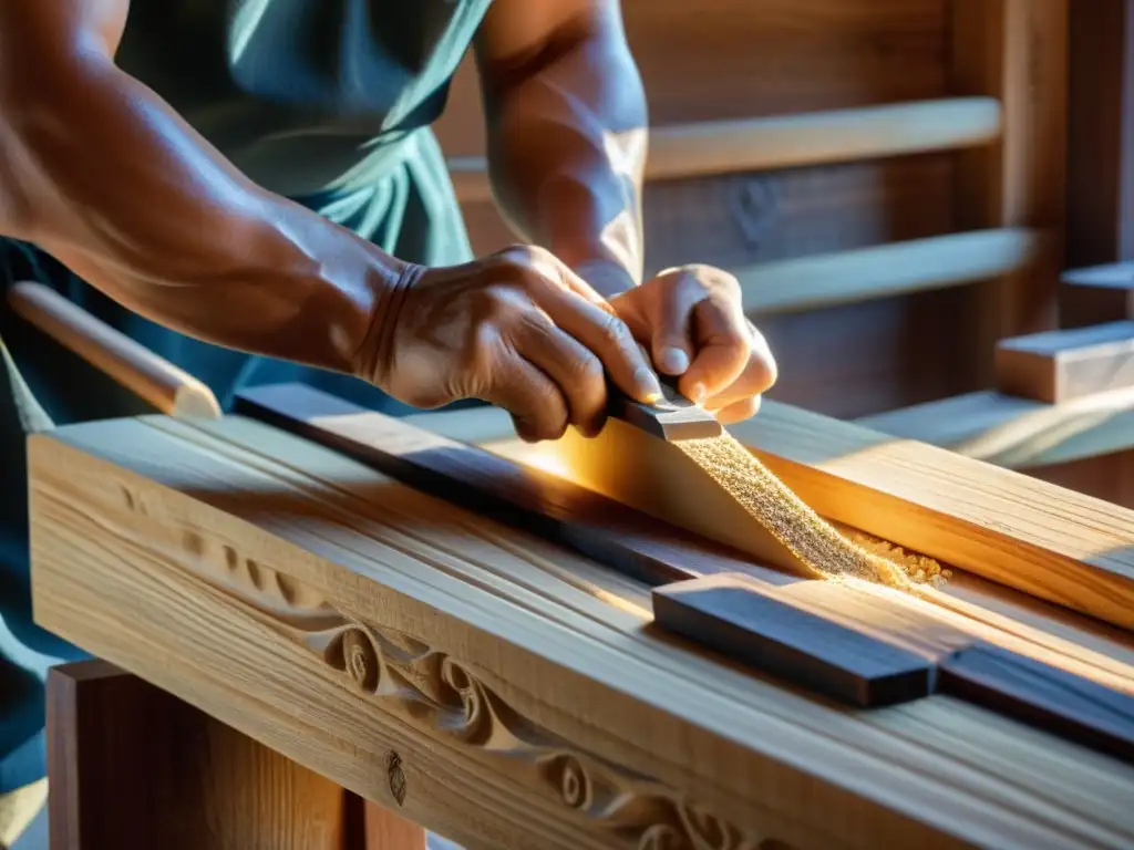 Un hábil carpintero japonés restaura una viga de madera con técnicas ancestrales para la arquitectura antigua de Japón