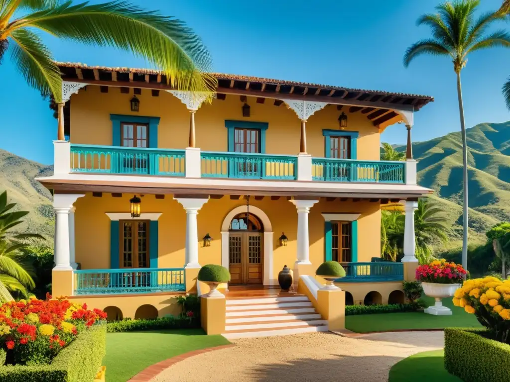 Una hacienda colonial restaurada con balcones de madera y flores coloridas, rodeada de palmeras y colinas verdes, evocando la transformación de haciendas coloniales en alojamientos