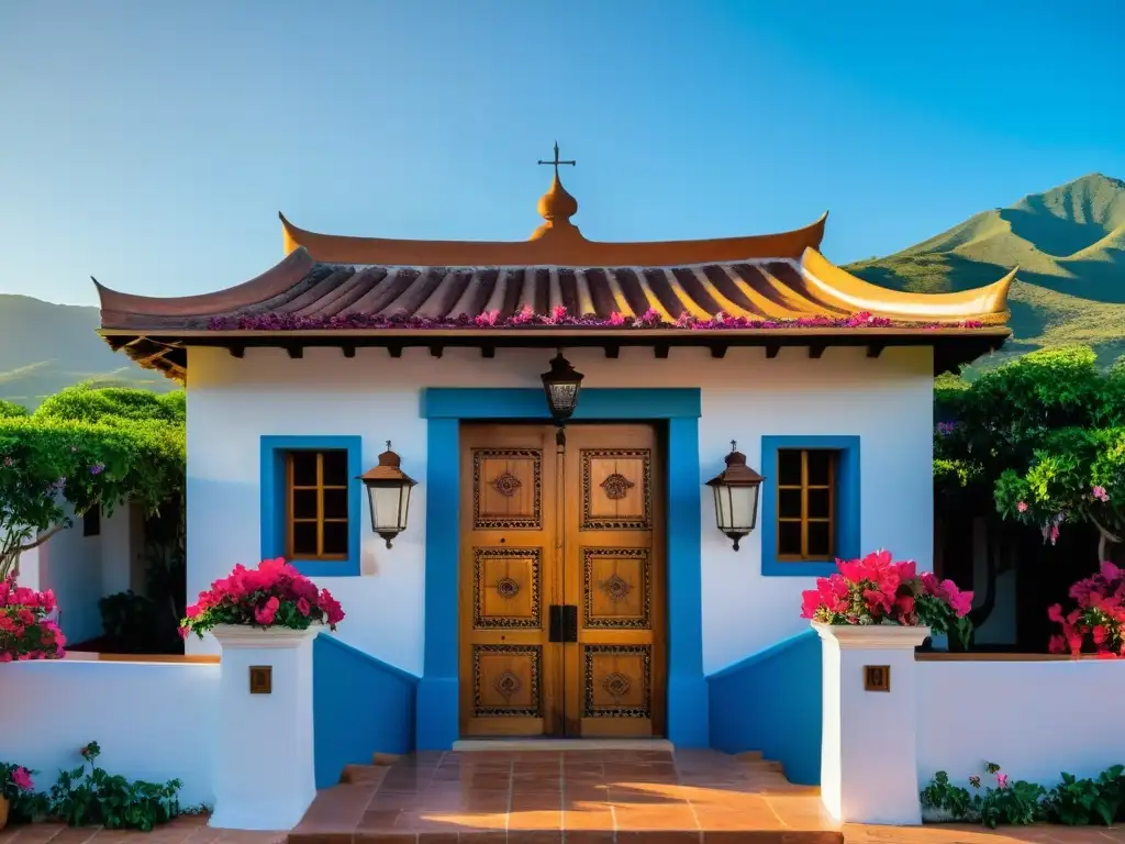 Una hacienda colonial restaurada con detalle, rodeada de bougainvillea, tejados de terracota y una atmósfera serena al atardecer