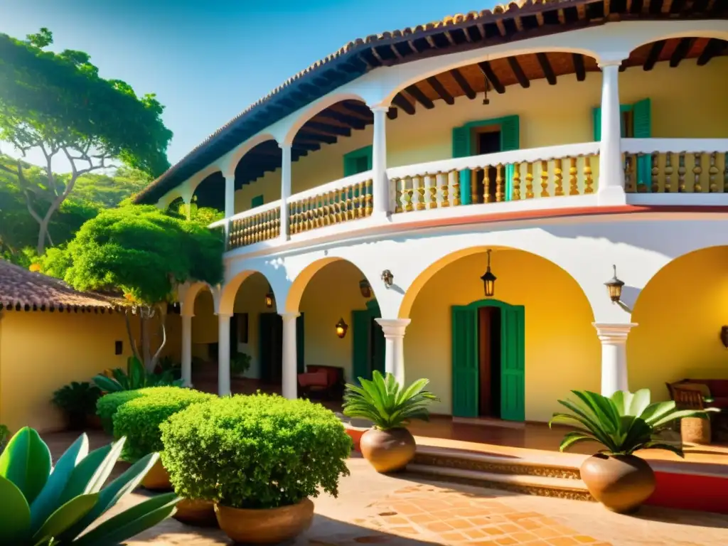 Una hacienda colonial restaurada con encanto vintage, rodeada de exuberante vegetación