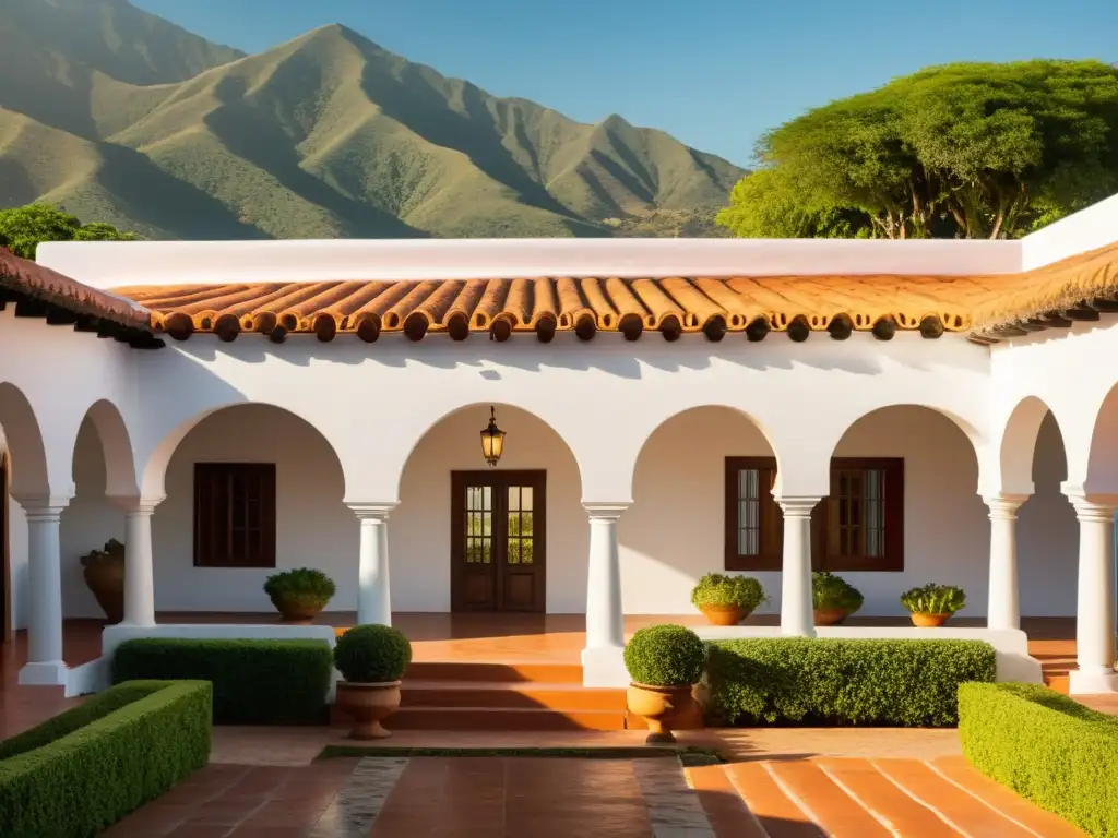 Una hacienda colonial meticulosamente restaurada, con jardines exuberantes y arquitectura grandiosa, evocando elegancia atemporal