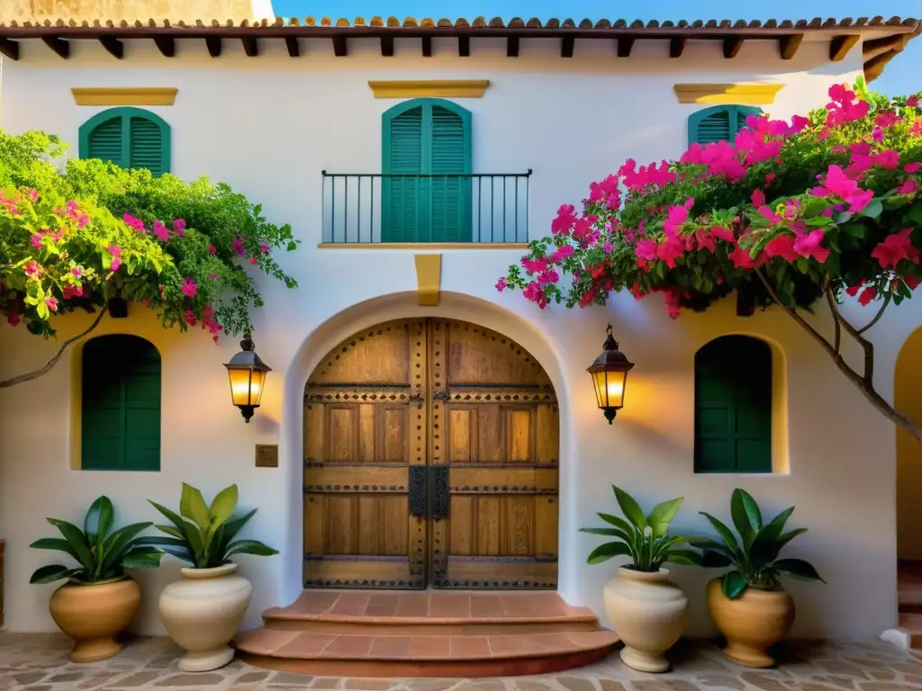 Una hacienda colonial bellamente restaurada con puertas de madera tallada, bougainvillea colorida y un patio empedrado, bañada por cálida luz dorada