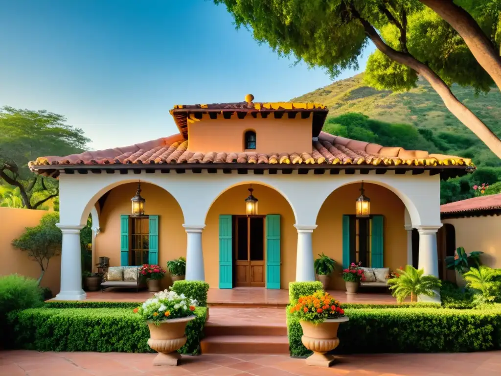 Una hacienda colonial restaurada rodeada de exuberante vegetación y flores coloridas