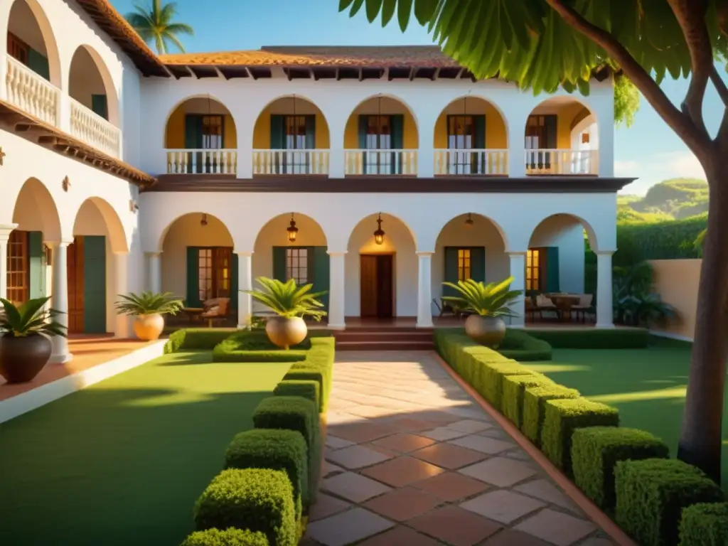 Transformación de haciendas coloniales en alojamientos: Una hermosa hacienda colonial restaurada, con detalles arquitectónicos, muebles vintage y jardines exuberantes bañados por la cálida luz del sol, evocando nostalgia y tranquilidad