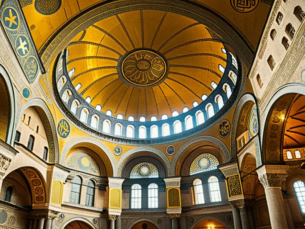 Una fotografía vintage de la Hagia Sophia en Estambul, Turquía, muestra la arquitectura bizantina con detalles intrincados, la cúpula imponente y las ventanas arqueadas