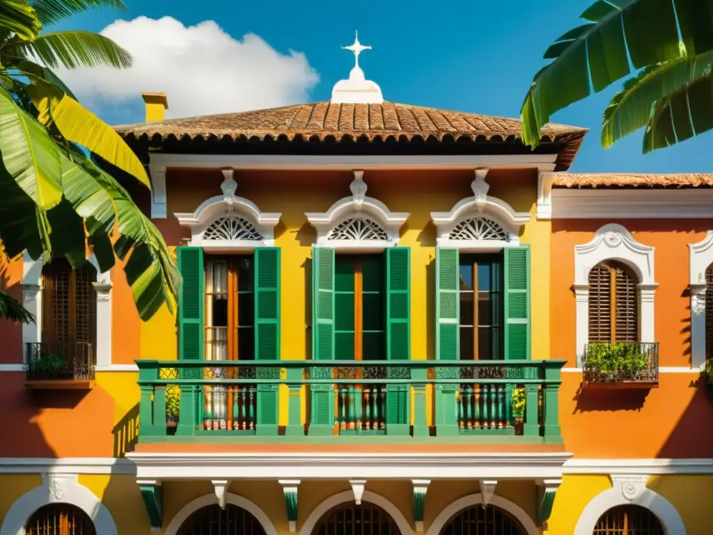 Una hermosa arquitectura colonial en América Latina con balcones de hierro forjado, paredes de estuco coloridas y un techo de tejas, rodeada de exuberante vegetación tropical