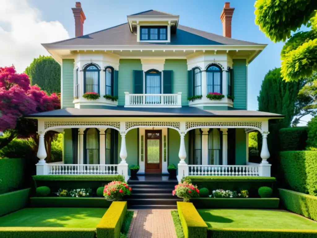 Una hermosa casa victoriana con jardín en flor y persianas automatizadas, fusionando tradición y modernidad en su arquitectura