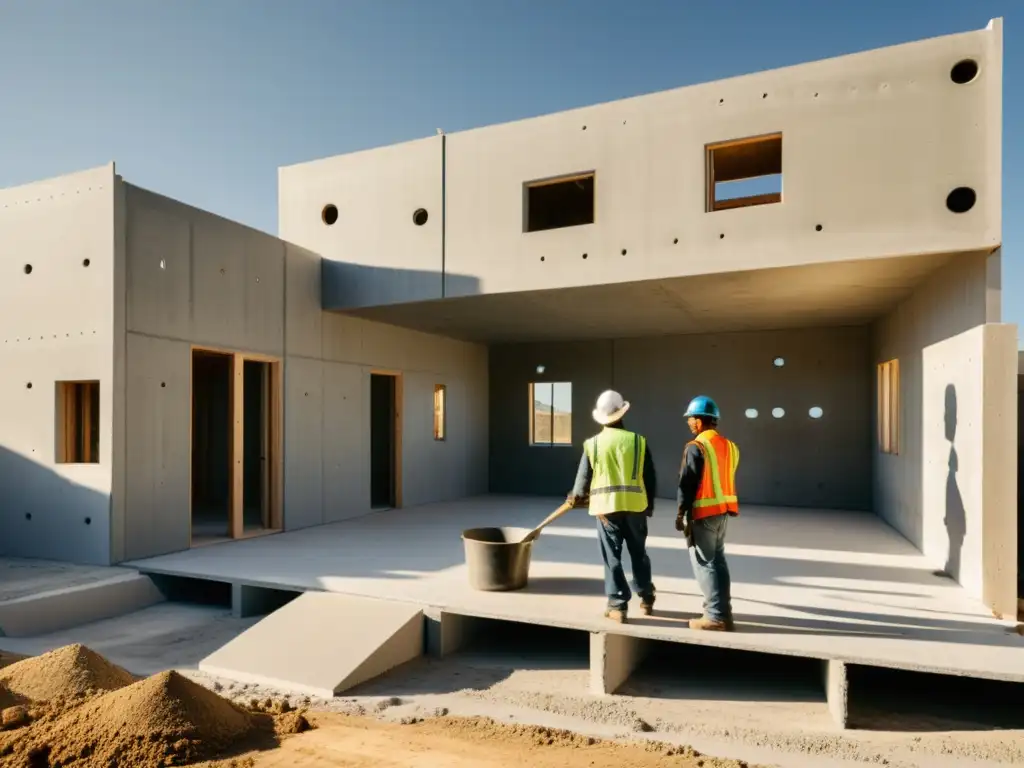 Hermosa construcción sostenible de hormigón celular, trabajadores creando un hogar moderno con luz filtrándose entre las sombras