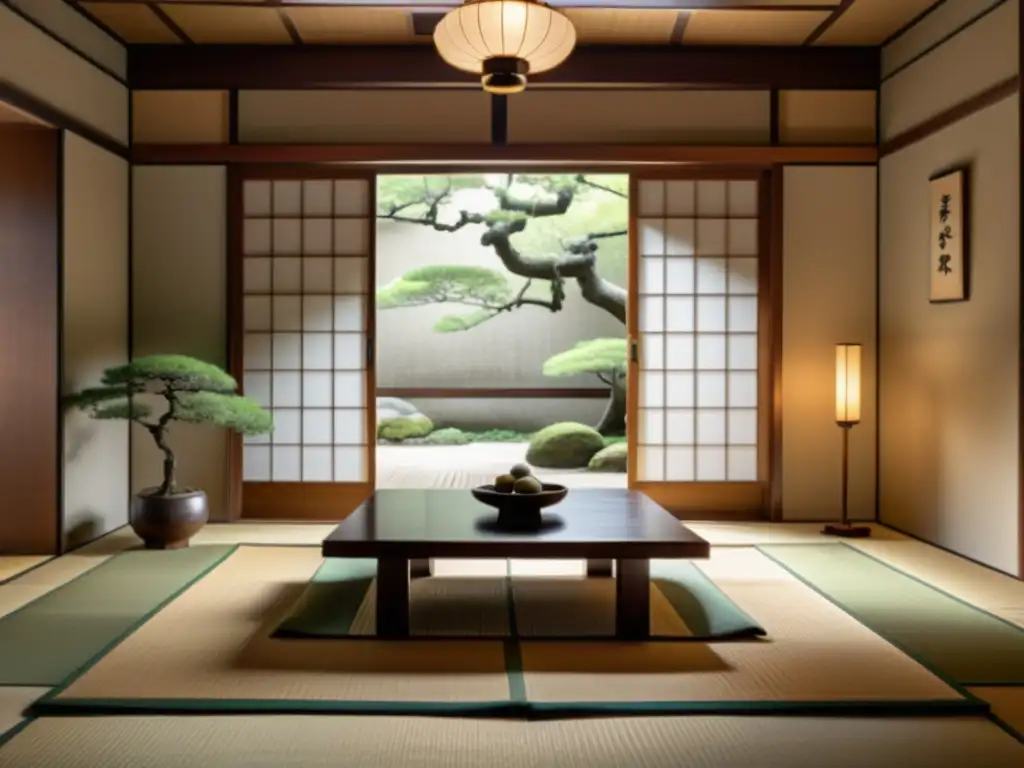 Una hermosa habitación tatami japonesa con influencia del minimalismo japonés en decoración, con puertas shoji y un bonsái sereno
