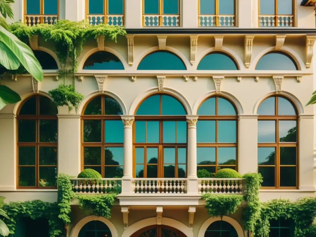 Una hermosa fotografía vintage de un edificio sostenible con detalles arquitectónicos intrincados y exuberante vegetación