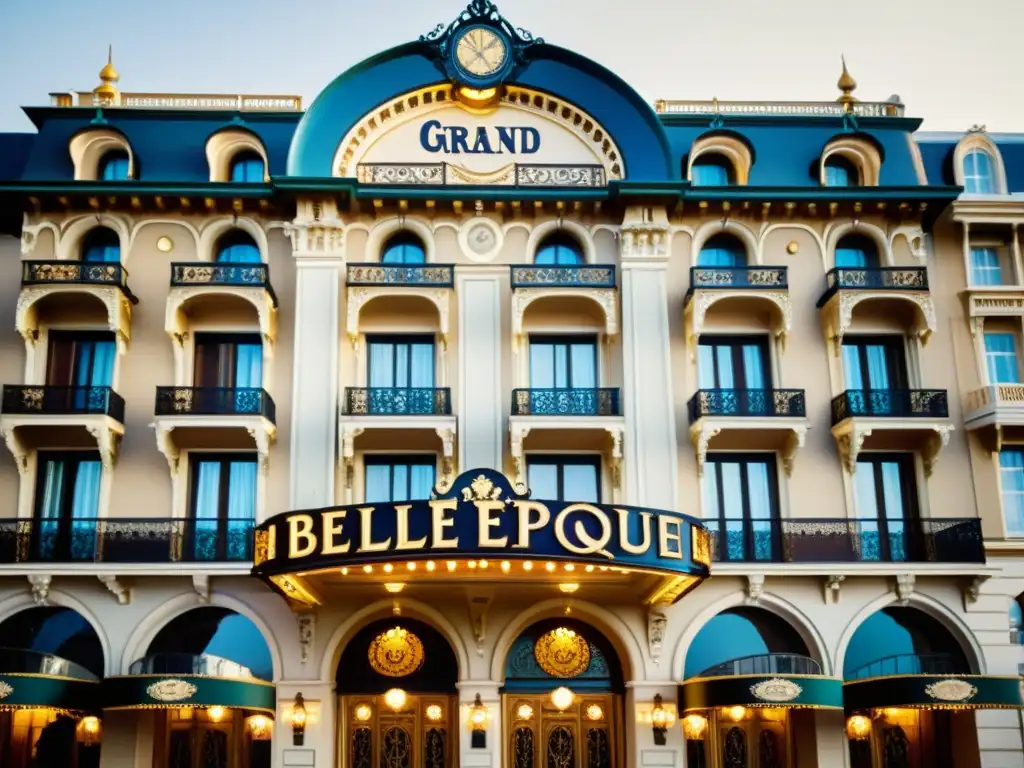 Hermoso hotel Belle Époque, con fachada ornamentada, balcones de hierro forjado y ventanas arqueadas