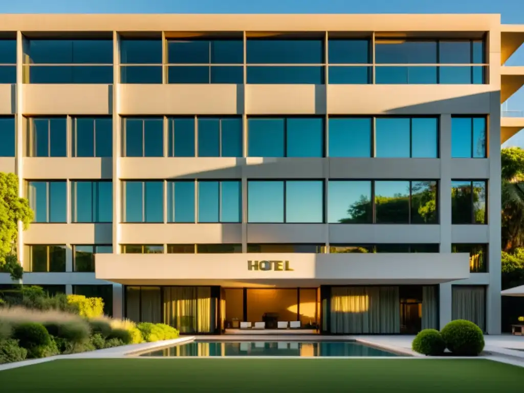 Hermoso hotel moderno al amanecer, con arquitectura de vanguardia y entorno sereno