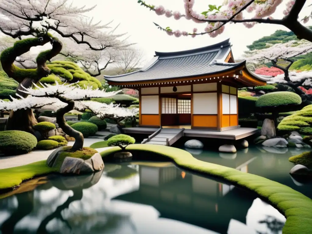 Hermoso jardín japonés con bonsáis, estanque de koi y casa de té, evocando tranquilidad y armonía