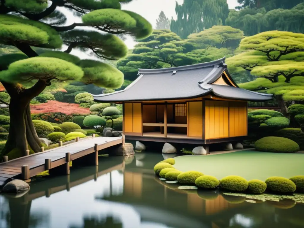 Un hermoso jardín japonés con casa de té tradicional, transmite paz y armonía