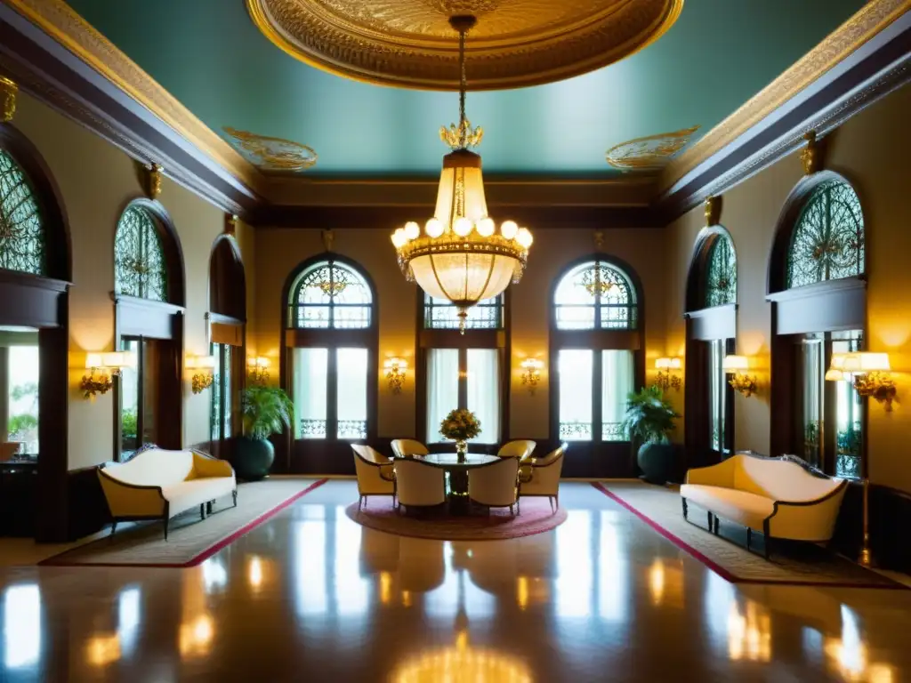 Hermoso lobby de hotel de la era Belle Époque, con detalles dorados, suelos de mármol y suntuosos candelabros